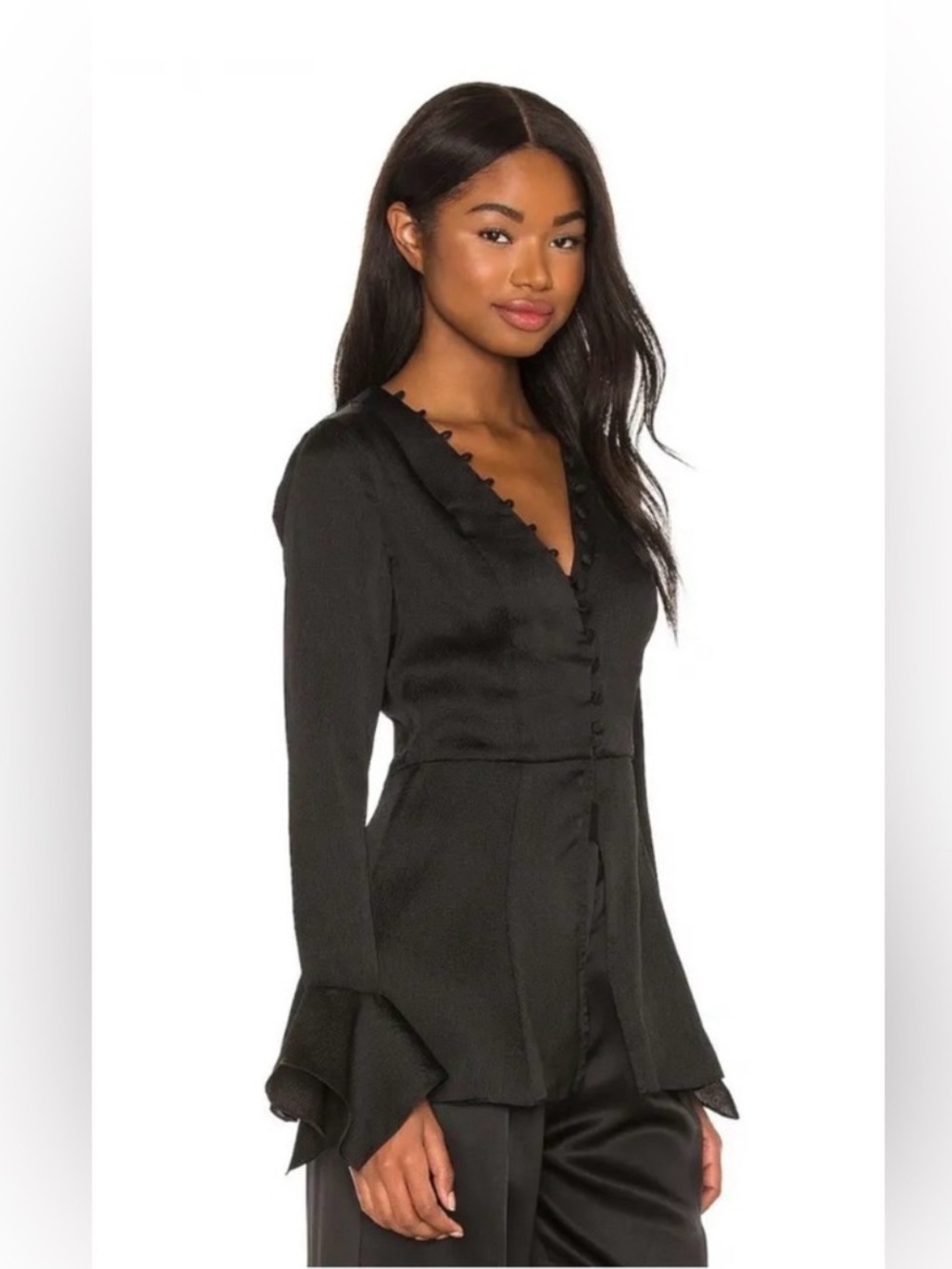 MAJORELLE V-Neck Button Front Blouse in Black